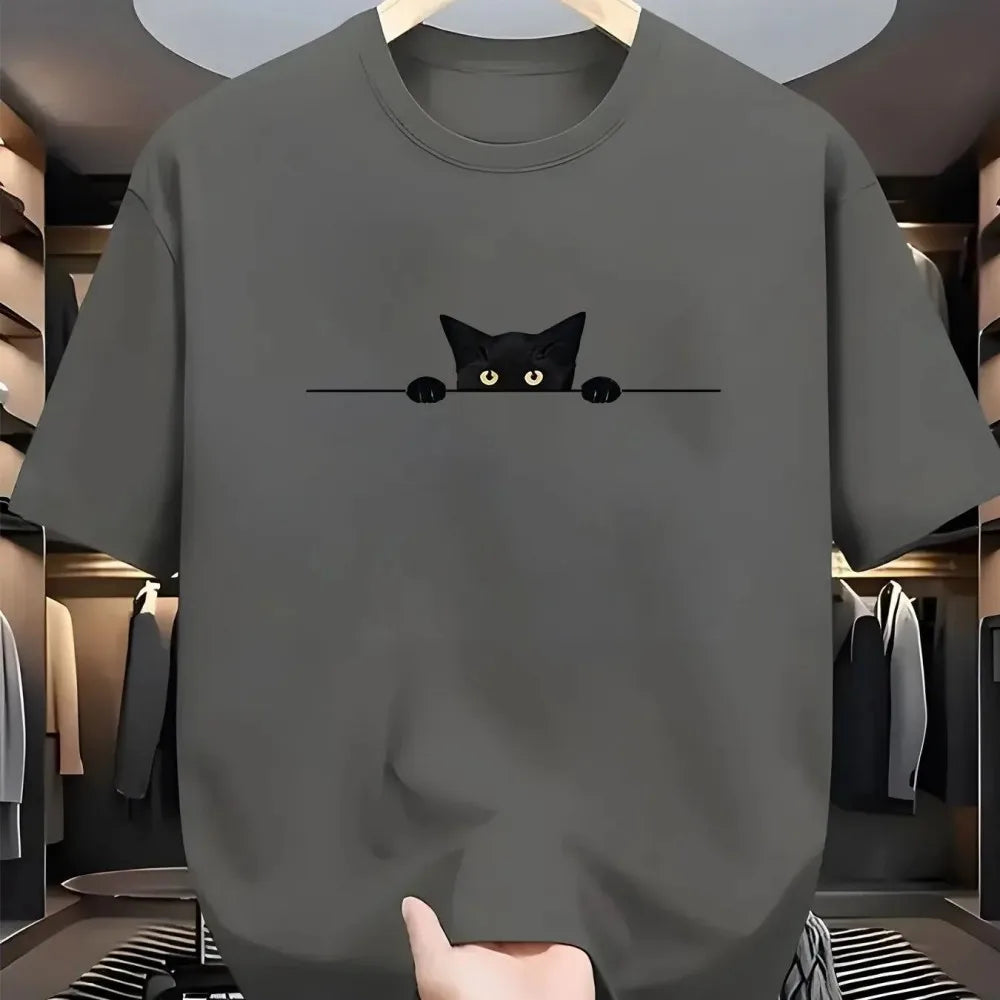 New Men's Summer Fashionable, Casual, Comfortable, Breathable Round Neck T-shirt with Kitten Pattern Printed Outdoor Street Top