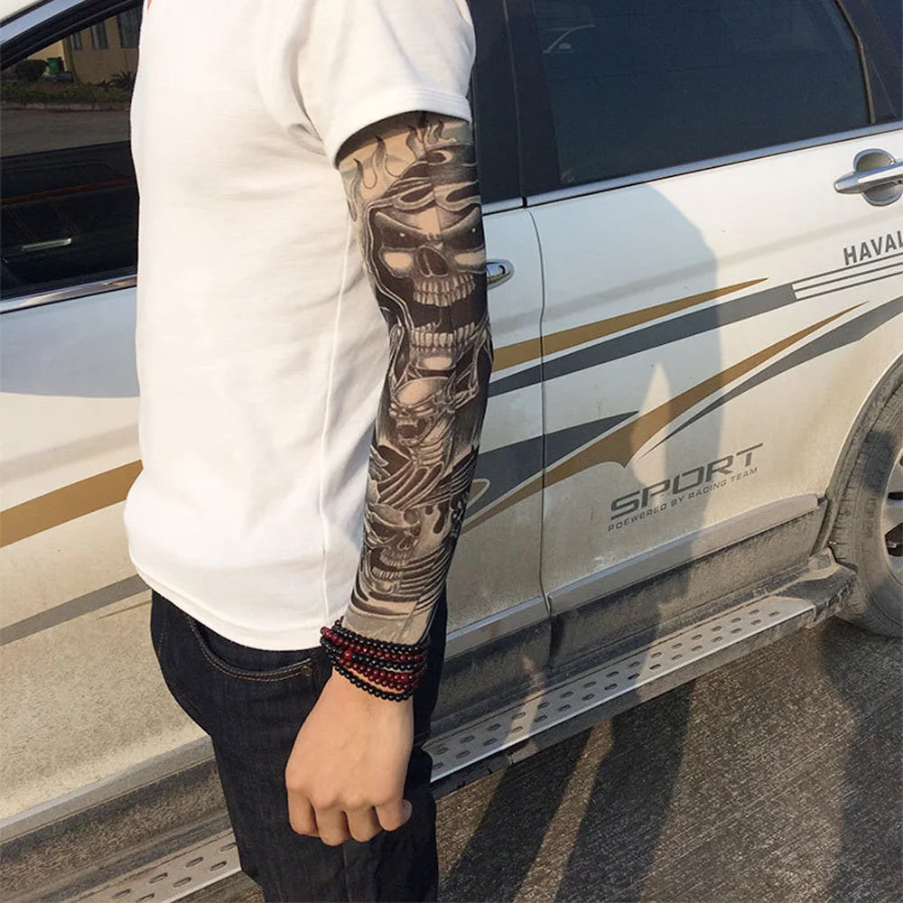1PCS Men Long Fake Warmers Summer Tattoo Sleeves Sun Protection Cover Outdoor Gloves Driving Ice Silk Arm Sleeves Women
