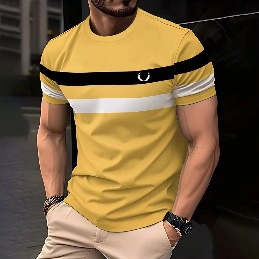 Simple casual printed striped men's T-shirt fashionable street men's summer top short sleeved loose oversized T-shirt