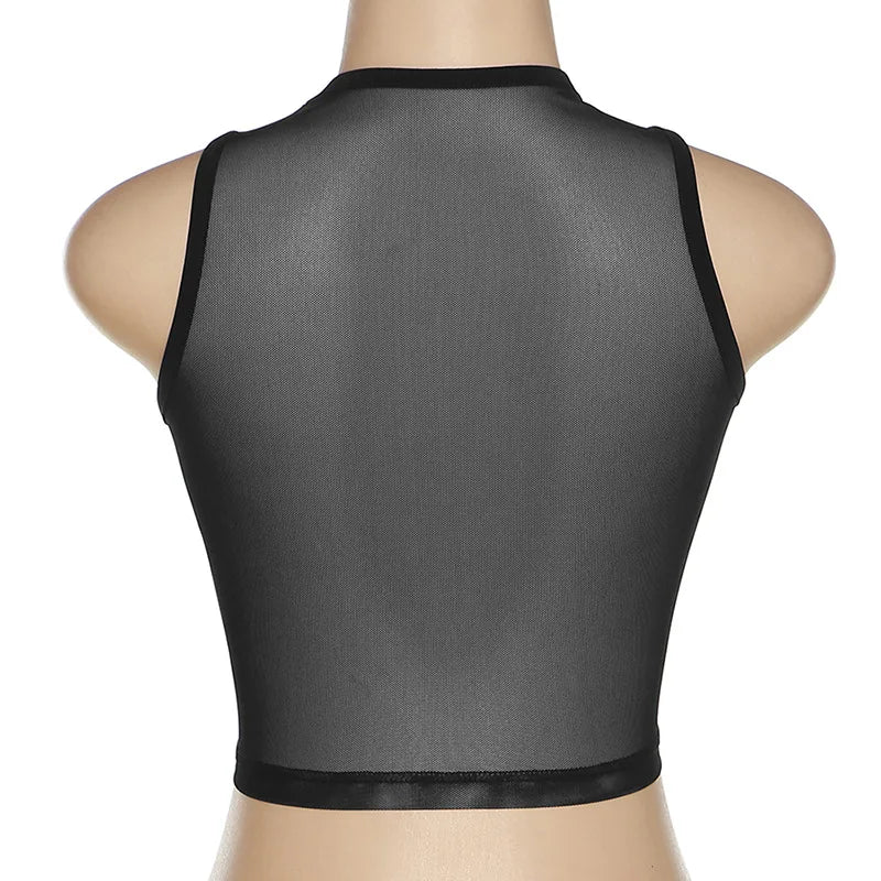 Mesh Patchwork Vest Women Sexy Round Neck Sleeveless Summer Body-Shaping See Through Hipster Crop Tops Lady  Tank