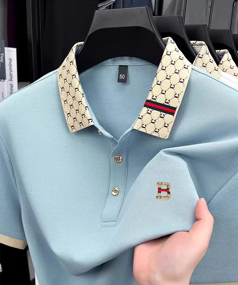 Luxury brand B letter printed pattern short sleeved men's summer polo shirt breathable new color blocked business casual T-shirt