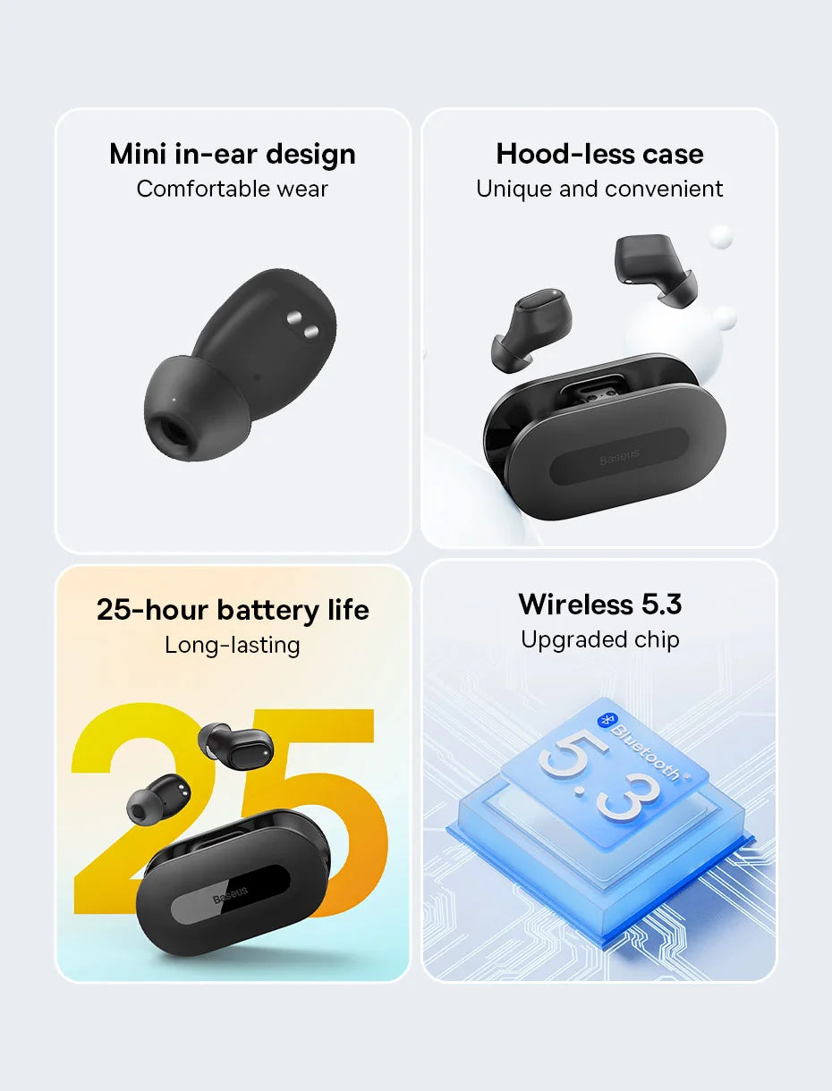 Baseus True Wireless Earphone Bluetooth 5.3 HiFi Sports Earbuds Fast Charge 0.06' Low Latency 25H Playtime
