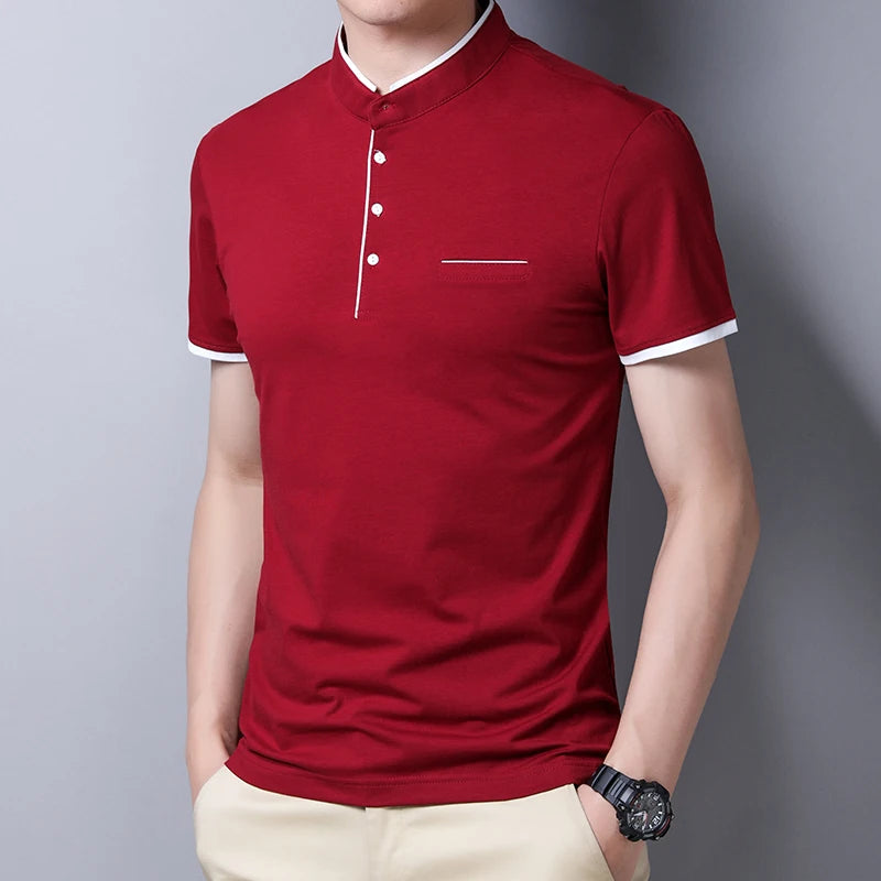 2025 New Men's Casual and Fashionable Solid Color Short Sleeved Stand Up Collar T-shirt Summer Versatile and Comfortable Top