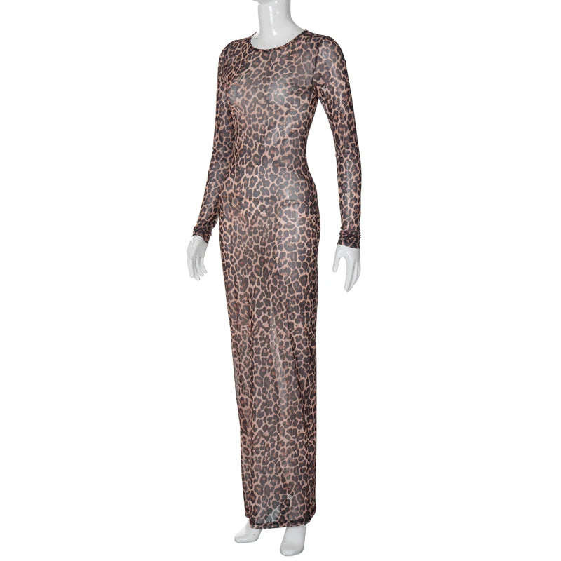 Hugcitar 2024 Leopard Print Mesh Long Sleeve Sexy Slim  See Through Maxi Dress Fall Women Fashion Outfits Beach Vacation Club