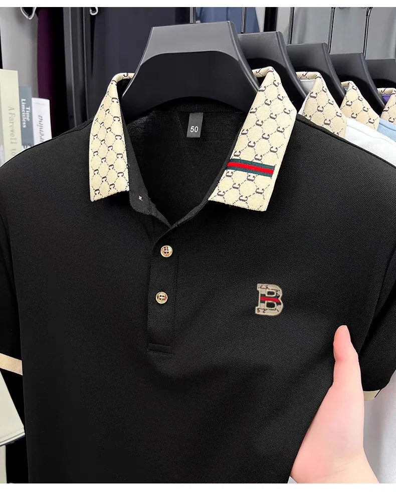 Luxury brand B letter embossed short sleeve polo shirt men summer lightweight breathable new fashion color blocked lapel T-shirt