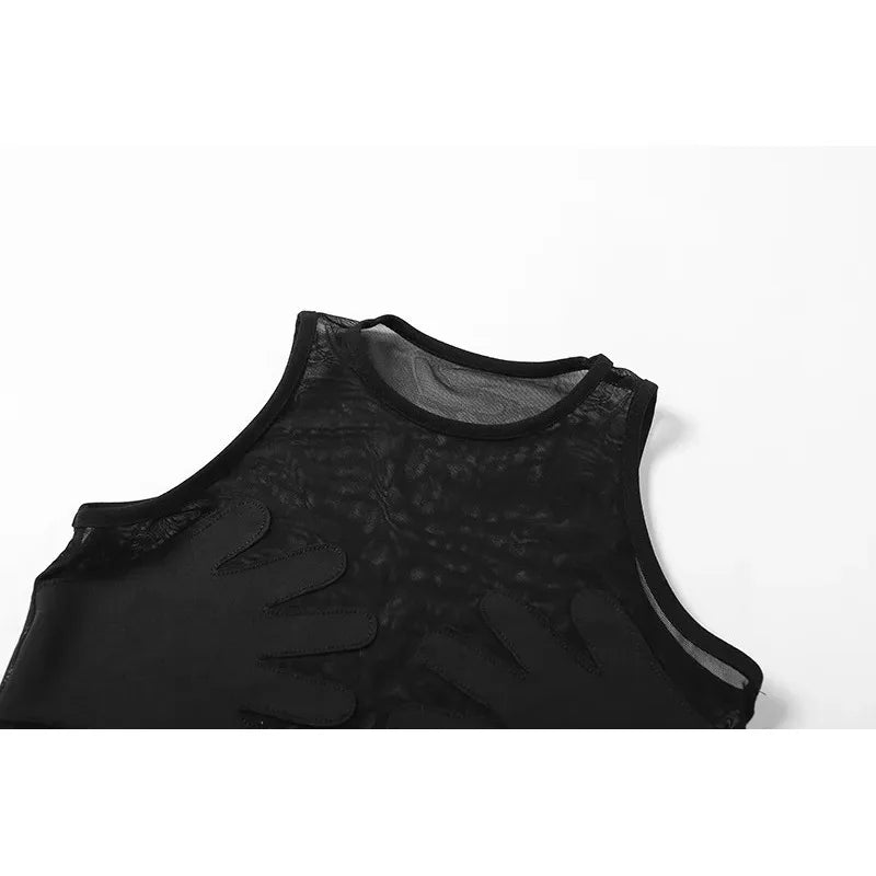 Women Summer Black Mesh See Through Palm Touch The Chest Tank Top 2025 Sexy Clubwear Streetwear Crop Tops Round Neck Clothing