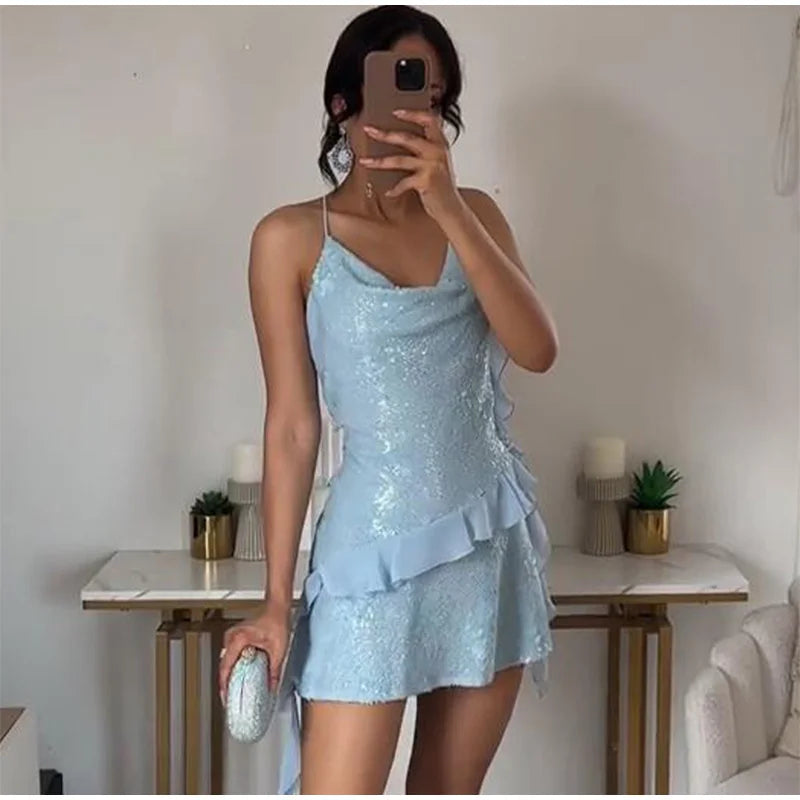 Fashion Glitter Sequin Ruffle Sling Mini Dress For Women Elegant Sleeveless Backless Short Suspender Dress Summer Party Vestidos