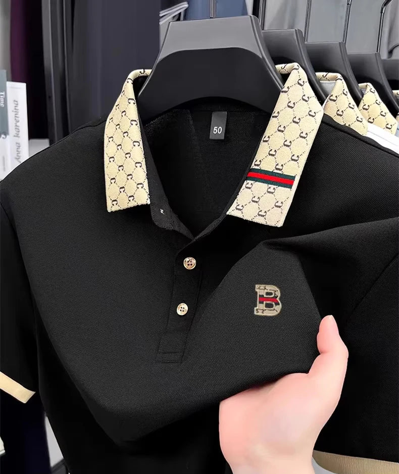 Luxury brand B letter printed pattern short sleeved men's summer polo shirt breathable new color blocked business casual T-shirt