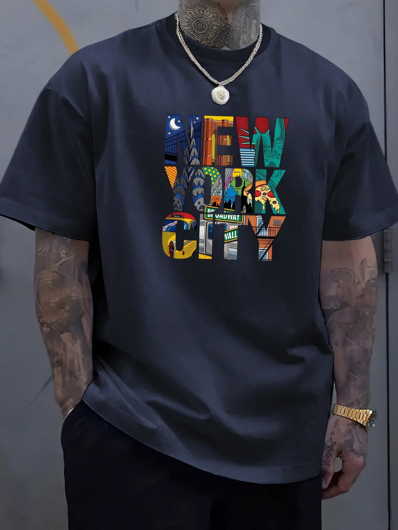 Summer men's 100% cotton comfortable casual loose plus size NEW YORK CITY printed sports round neck short sleeved T-shirt top