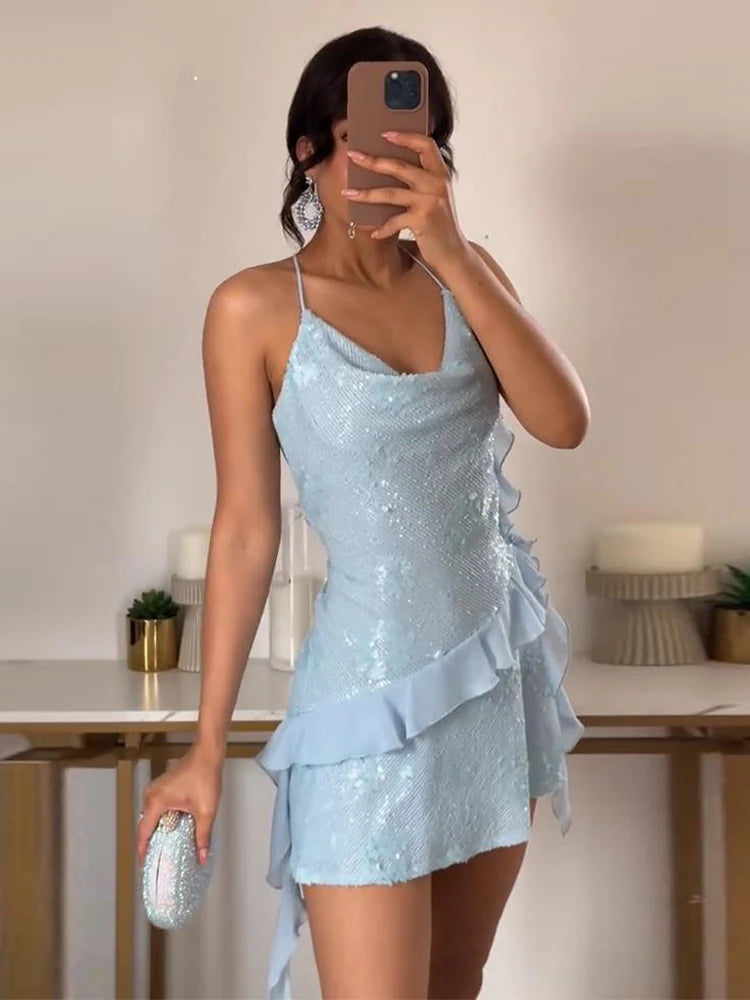 Fashion Glitter Sequin Ruffle Sling Mini Dress For Women Elegant Sleeveless Backless Short Suspender Dress Summer Party Vestidos