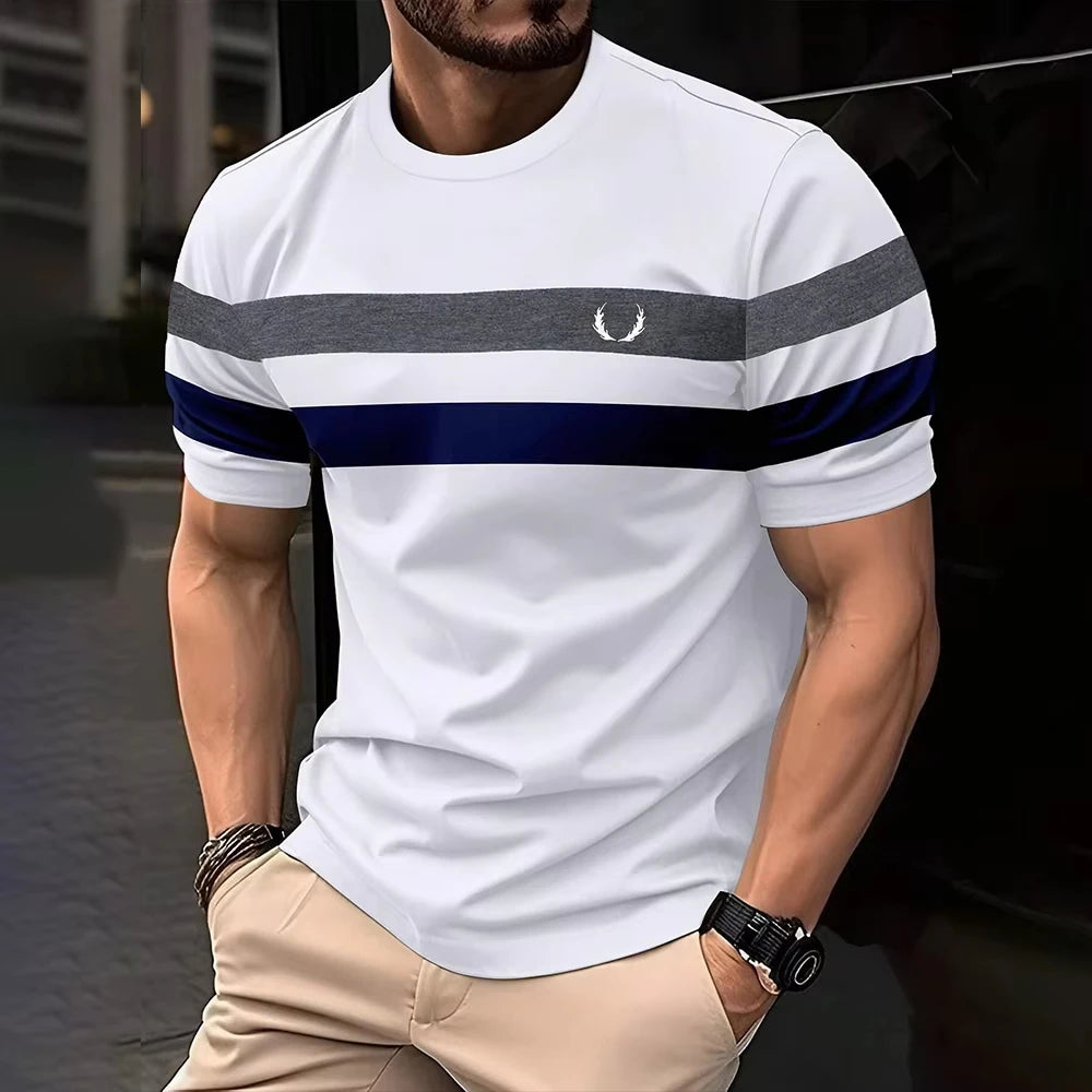 Simple casual printed striped men's T-shirt fashionable street men's summer top short sleeved loose oversized T-shirt