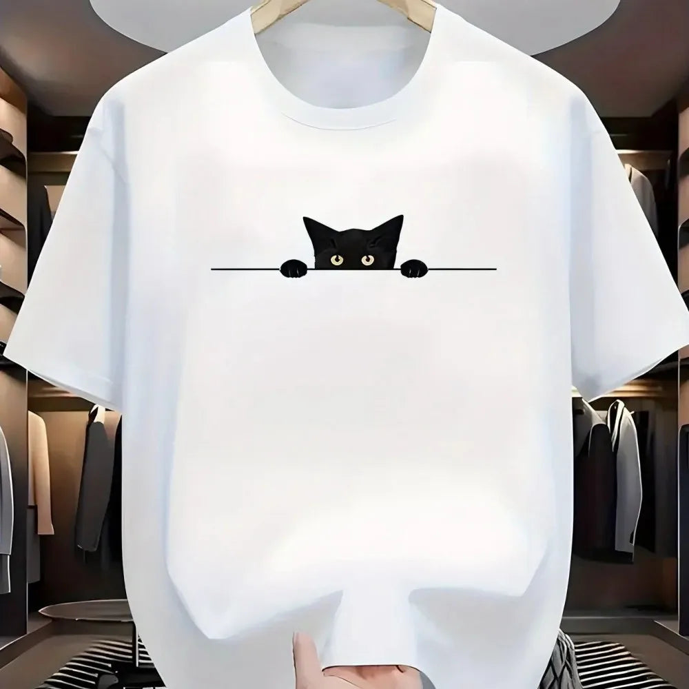New Men's Summer Fashionable, Casual, Comfortable, Breathable Round Neck T-shirt with Kitten Pattern Printed Outdoor Street Top
