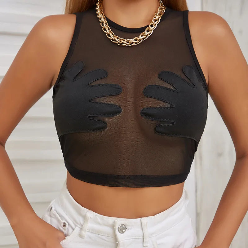 Mesh Patchwork Vest Women Sexy Round Neck Sleeveless Summer Body-Shaping See Through Hipster Crop Tops Lady  Tank