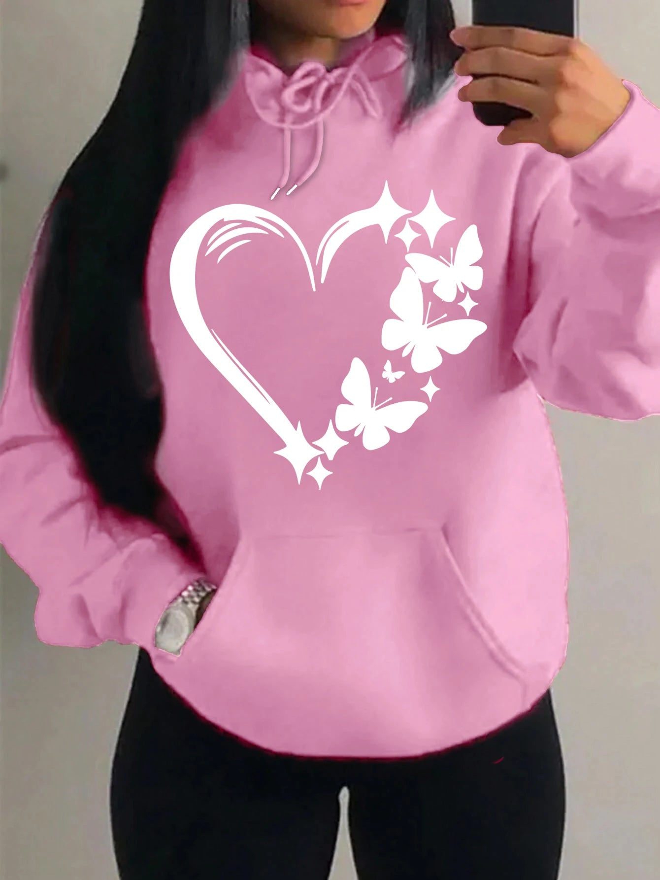 Combination Of Love And Butterfly  Pattern Hoody Women Hip Hop Street Hoodies Trendy Pocket Clothes Vintage Multicolor Hoodie