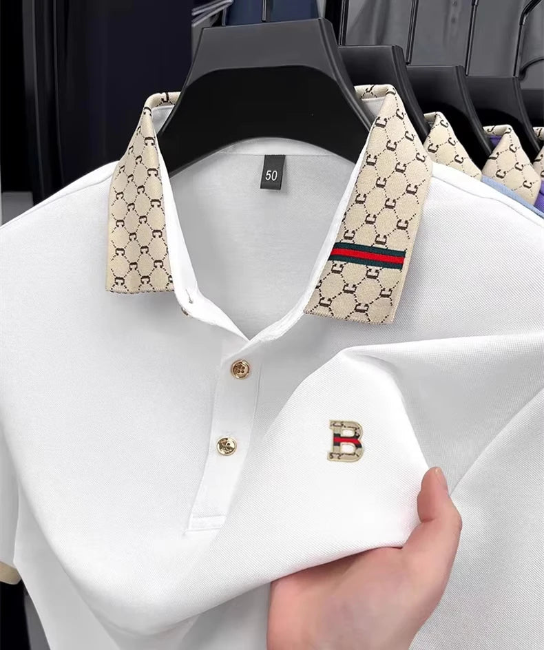Luxury brand B letter printed pattern short sleeved men's summer polo shirt breathable new color blocked business casual T-shirt