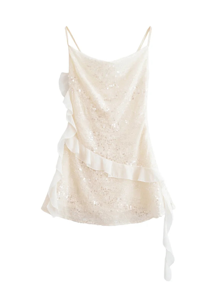 Fashion Glitter Sequin Ruffle Sling Mini Dress For Women Elegant Sleeveless Backless Short Suspender Dress Summer Party Vestidos
