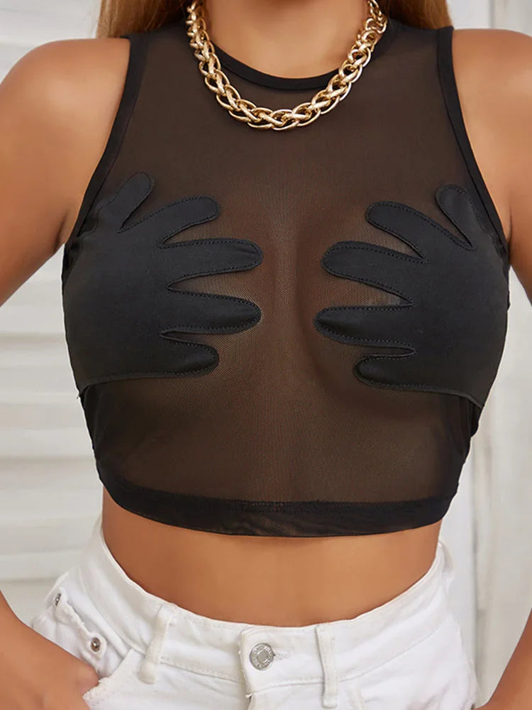 Mesh Patchwork Vest Women Sexy Round Neck Sleeveless Summer Body-Shaping See Through Hipster Crop Tops Lady  Tank