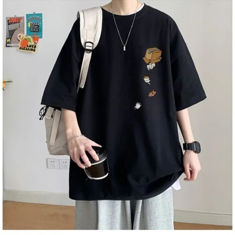 M-8XL Men Oversized Korean Fashion Loose American Vintage Carton Kitten Print Short Sleeve Versatile Trend Couple Outfit