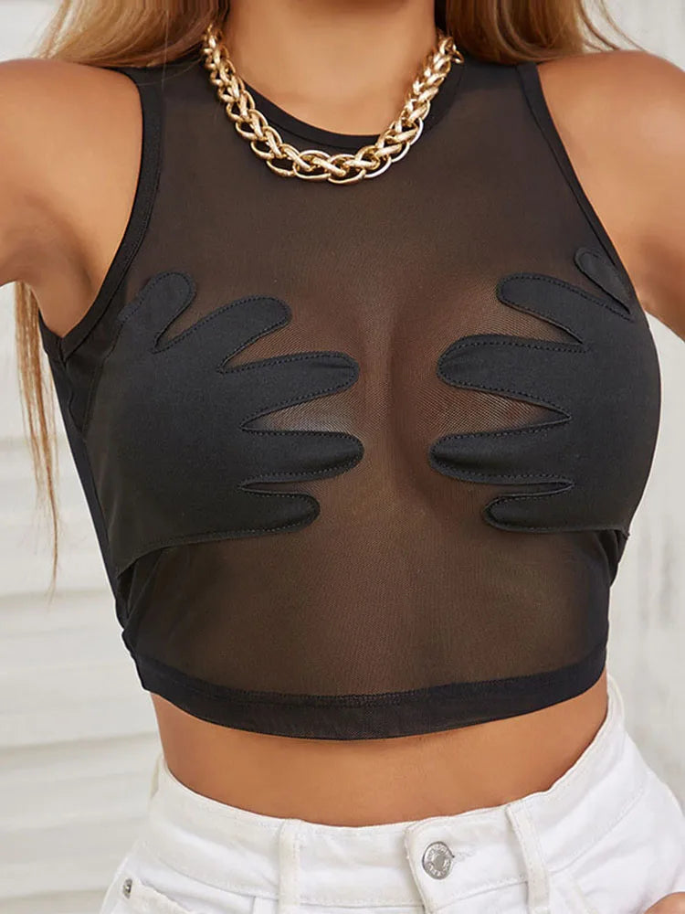 Mesh Patchwork Vest Women Sexy Round Neck Sleeveless Summer Body-Shaping See Through Hipster Crop Tops Lady  Tank