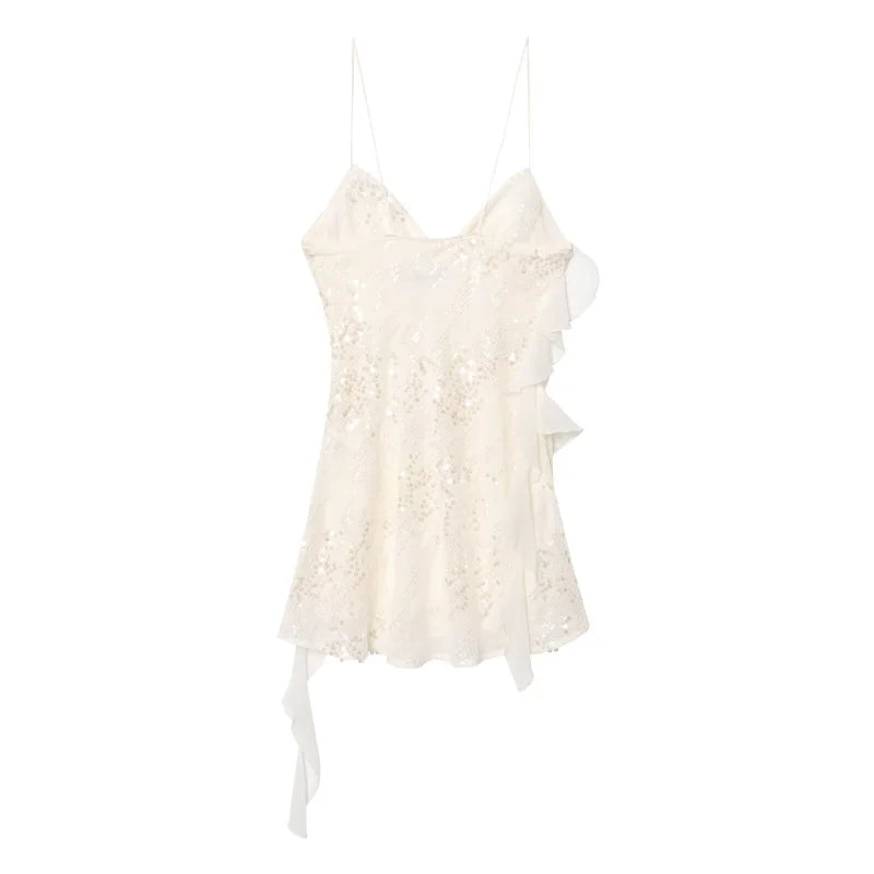 Fashion Glitter Sequin Ruffle Sling Mini Dress For Women Elegant Sleeveless Backless Short Suspender Dress Summer Party Vestidos