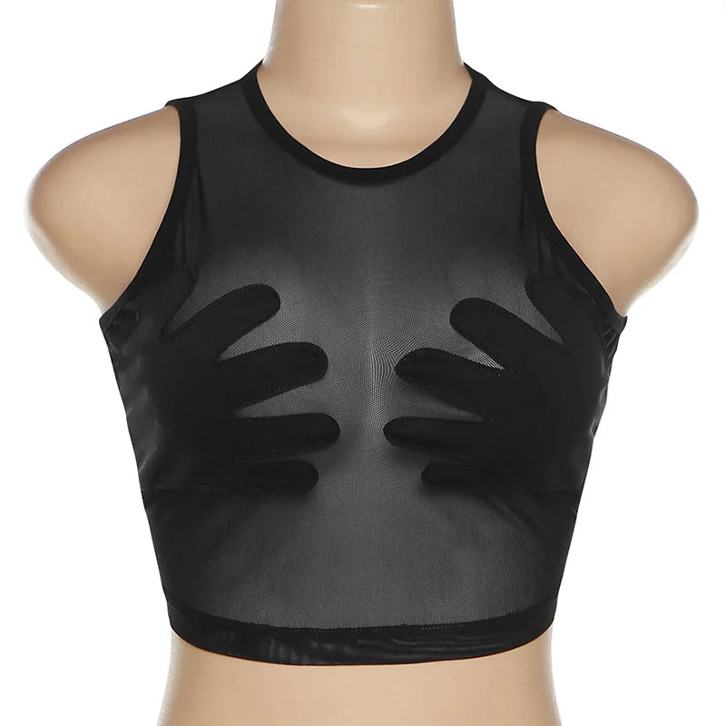Women Summer Black Mesh See Through Palm Touch The Chest Tank Top 2025 Sexy Clubwear Streetwear Crop Tops Round Neck Clothing