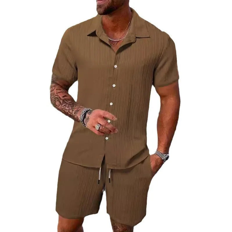 Spring And Summer New Sports Men's Polo Casual Solid Color Loose Short-sleeved Drawstring Shorts Cardigan Striped Sports Suit