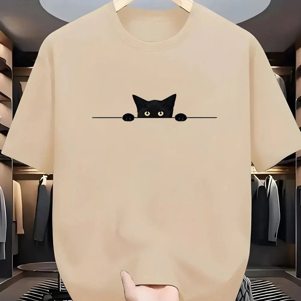 New Men's Summer Fashionable, Casual, Comfortable, Breathable Round Neck T-shirt with Kitten Pattern Printed Outdoor Street Top