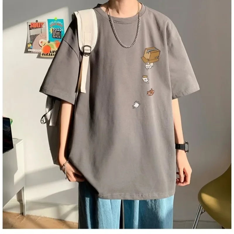 M-8XL Men Oversized Korean Fashion Loose American Vintage Carton Kitten Print Short Sleeve Versatile Trend Couple Outfit