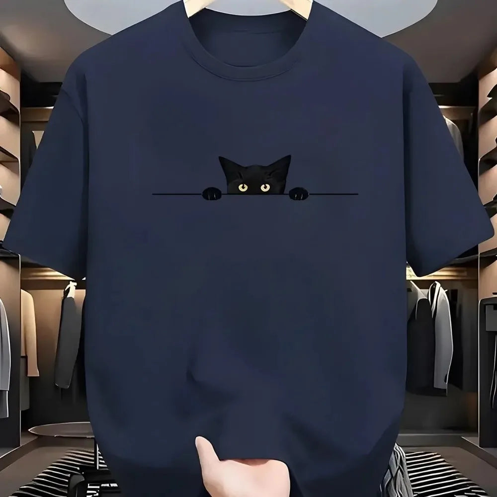 New Men's Summer Fashionable, Casual, Comfortable, Breathable Round Neck T-shirt with Kitten Pattern Printed Outdoor Street Top