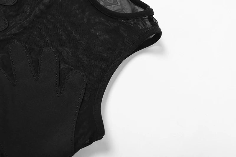 Mesh Patchwork Vest Women Sexy Round Neck Sleeveless Summer Body-Shaping See Through Hipster Crop Tops Lady  Tank