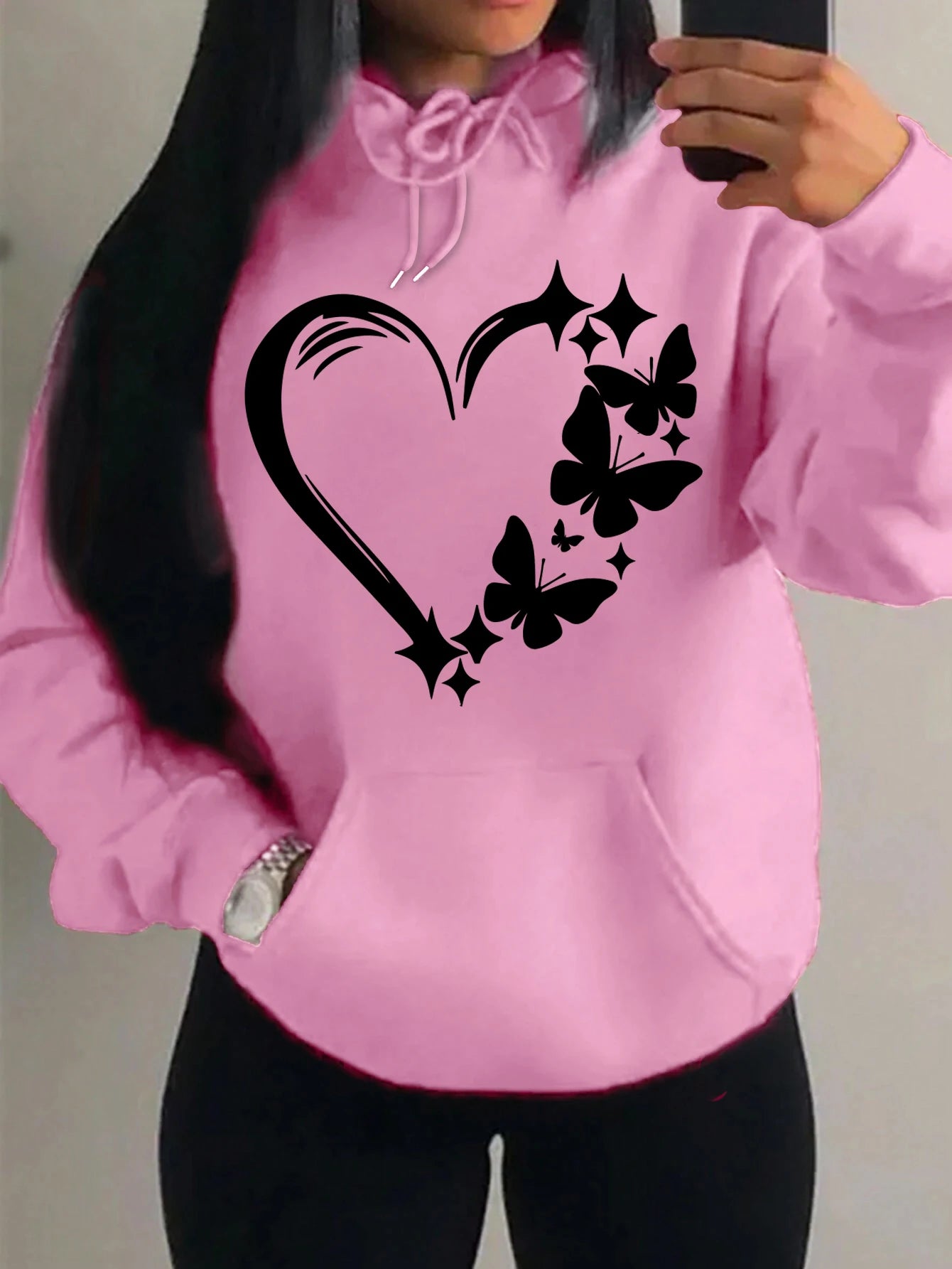 Combination Of Love And Butterfly  Pattern Hoody Women Hip Hop Street Hoodies Trendy Pocket Clothes Vintage Multicolor Hoodie