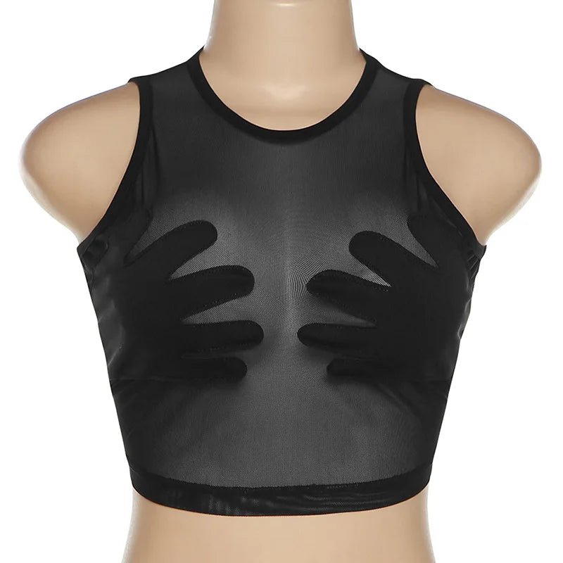 Mesh Patchwork Vest Women Sexy Round Neck Sleeveless Summer Body-Shaping See Through Hipster Crop Tops Lady  Tank