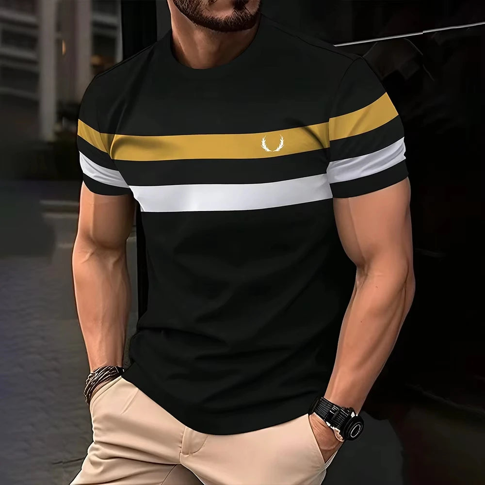 Simple casual printed striped men's T-shirt fashionable street men's summer top short sleeved loose oversized T-shirt