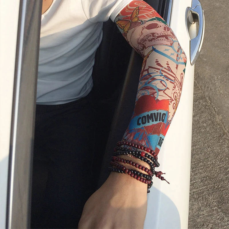 1PCS Men Long Fake Warmers Summer Tattoo Sleeves Sun Protection Cover Outdoor Gloves Driving Ice Silk Arm Sleeves Women