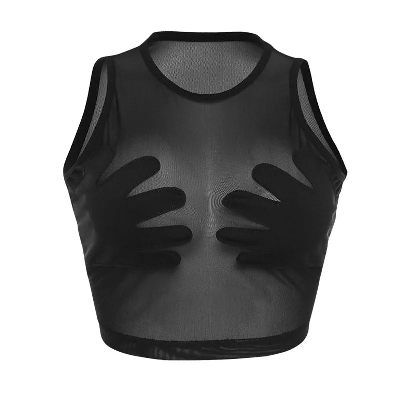 Women Summer Black Mesh See Through Palm Touch The Chest Tank Top 2025 Sexy Clubwear Streetwear Crop Tops Round Neck Clothing