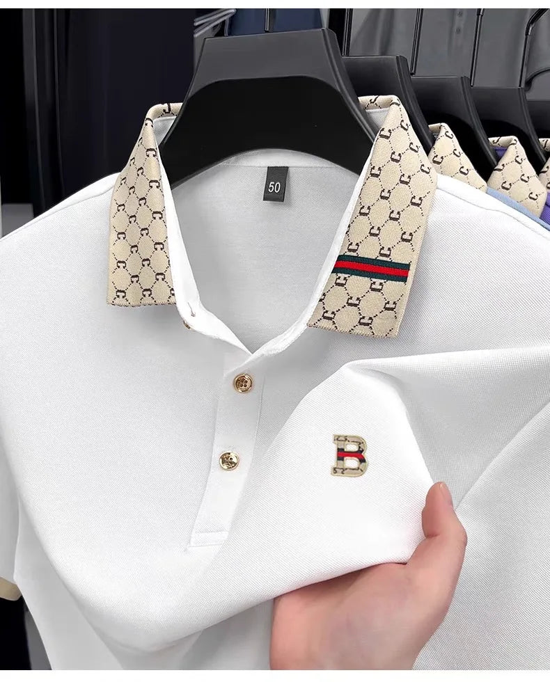 Luxury brand B letter embossed short sleeve polo shirt men summer lightweight breathable new fashion color blocked lapel T-shirt