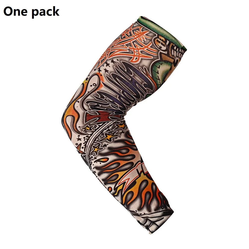 1PCS Men Long Fake Warmers Summer Tattoo Sleeves Sun Protection Cover Outdoor Gloves Driving Ice Silk Arm Sleeves Women