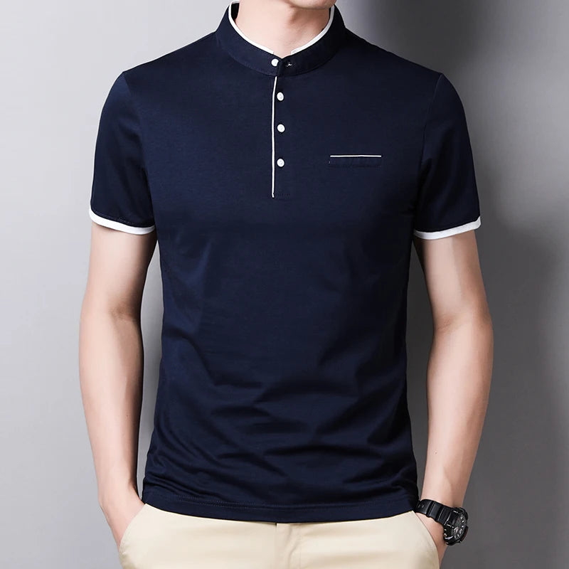 2025 New Men's Casual and Fashionable Solid Color Short Sleeved Stand Up Collar T-shirt Summer Versatile and Comfortable Top