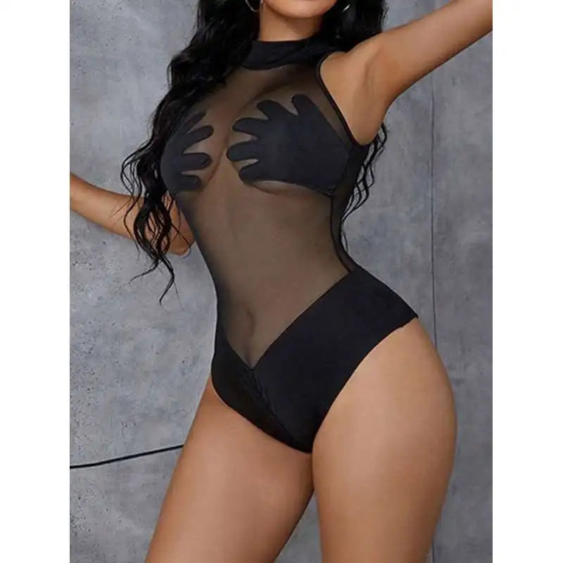 European and American summer new women's sexy see through mesh T-shirt with contrasting color splicing slim fit jumpsuit