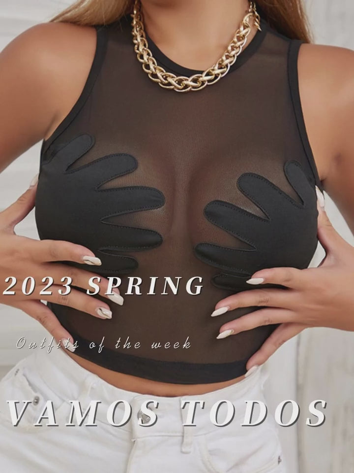 Fashion Round Neck Sleeveless Y2k Top Sexy Net Yarn Slightly Sheer Women Clothing High Stretch Embroidery Streetwear Crop Top
